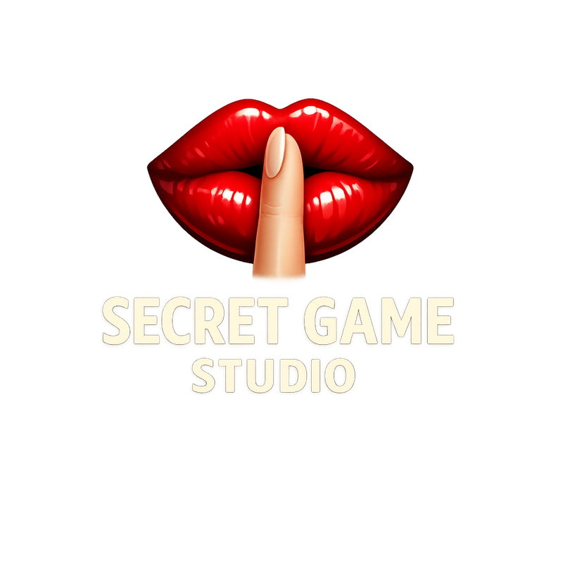 Secret Game Studio: red lips with a finger held to them in a shush gesture.